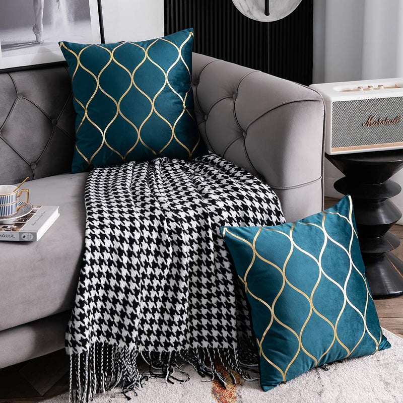 DEZENE 18x18 Inch Gold Velvet Throw Pillow Covers: 2 Pack Square Decorative Pillow Cases for Bedroom Sofa Couch Living Room, Teal Christmas - Image 4